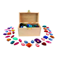 Load image into Gallery viewer, Wooden box with colorful gemstones on a white background