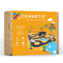 Load image into Gallery viewer, Packaging for Connetix 48pc Creative Roads Pack featuring magnetic tiles with a black color theme, displaying various tile shapes like ramps, arches, and intersections.