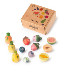 Load image into Gallery viewer, Set of wooden fruit toys with a 'Grapat' branded box on a white background