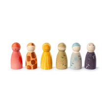 Load image into Gallery viewer, Set of colorful wooden peg dolls on a white background
