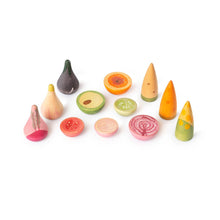 Load image into Gallery viewer, Set of colorful wooden fruit and vegetable toys on a white background