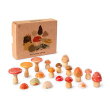 Load image into Gallery viewer, Set of wooden mushroom toys with a cardboard box labeled 'Mushroom Grove' on a white background.