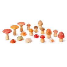 Load image into Gallery viewer, Set of colorful wooden mushroom toys on a white background