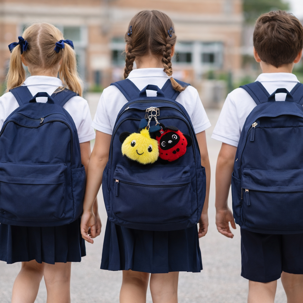 Three children wearing navy blue backpacks with a school building in the background.