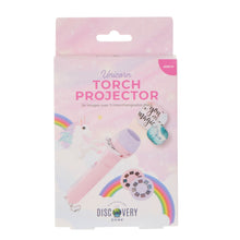 Load image into Gallery viewer, Packaging of a unicorn torch projector with colorful design on a white background