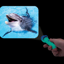 Load image into Gallery viewer, Hand holding a flashlight with a dolphin image projected onto a dark background