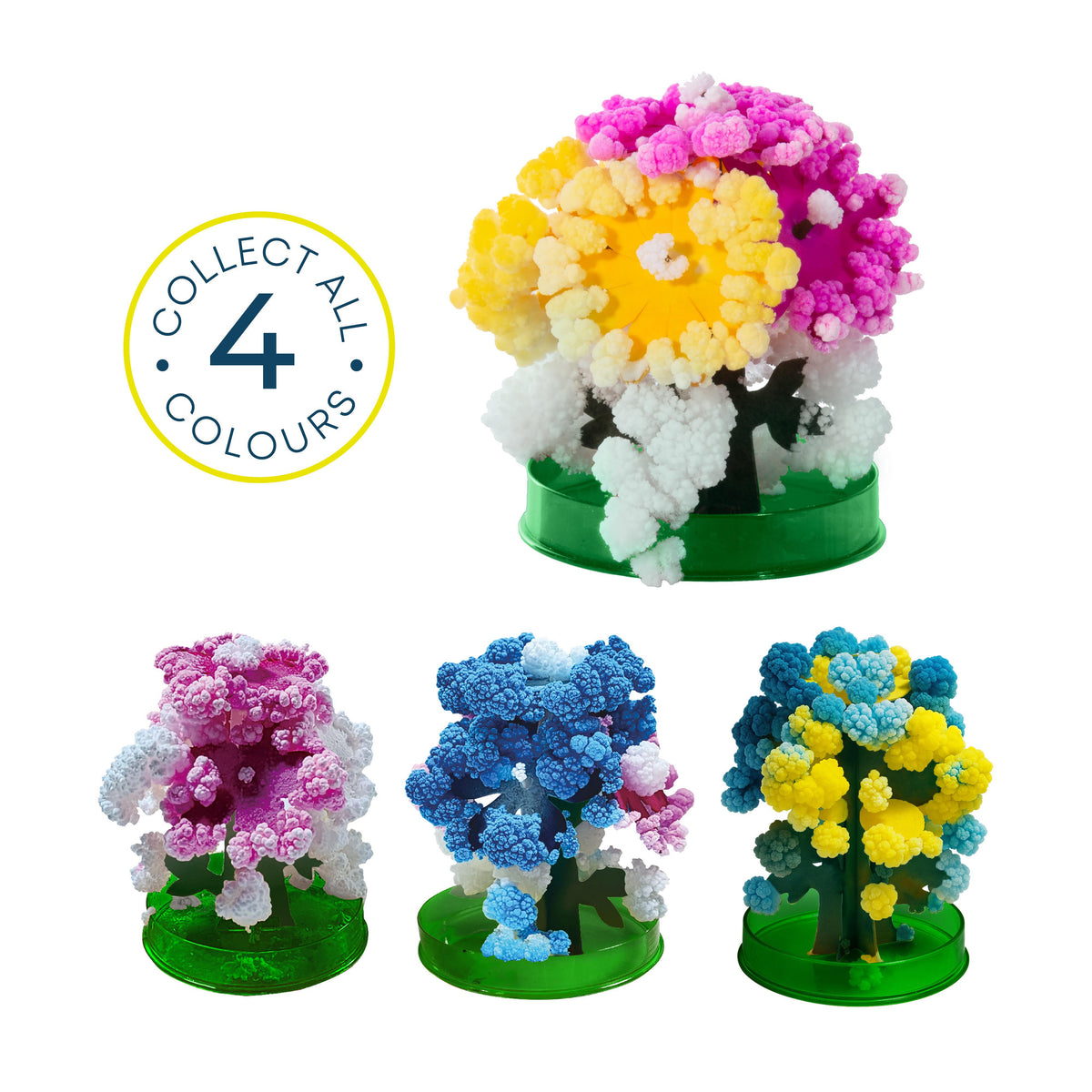 Colorful coral-like structures on green bases with a 'Collect All 4 Colours' badge.