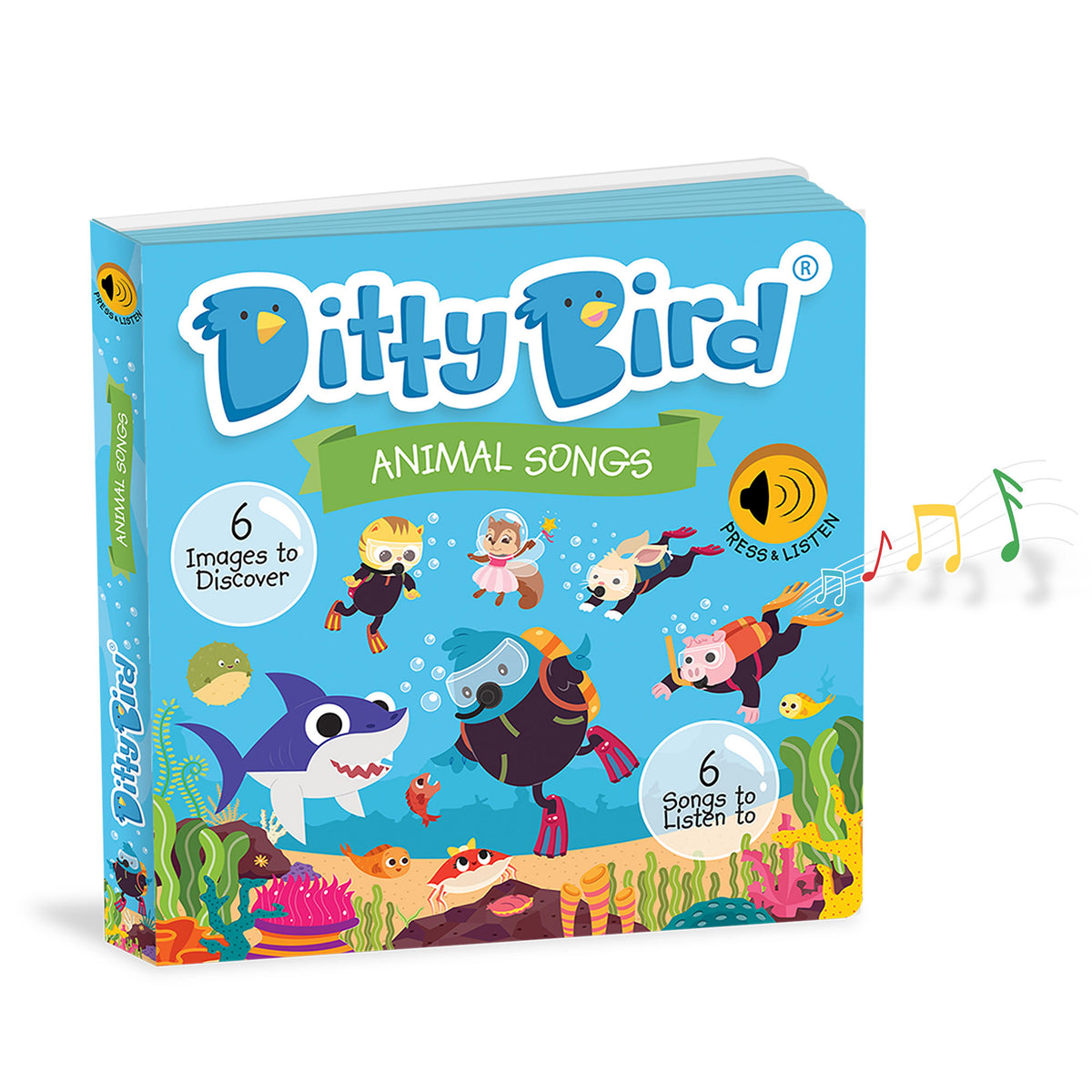 Ditty Bird Animal Songs book with colorful illustrations on a blue background