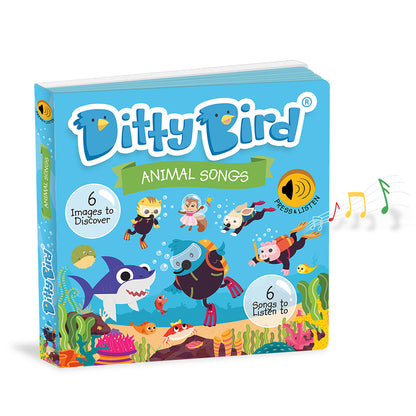 Ditty Bird Animal Songs book with colorful illustrations on a blue background