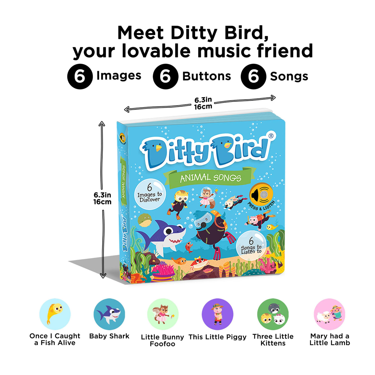 Ditty Bird educational toy packaging with images of animals and songs on a white background