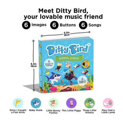 Ditty Bird educational toy packaging with images of animals and songs on a white background