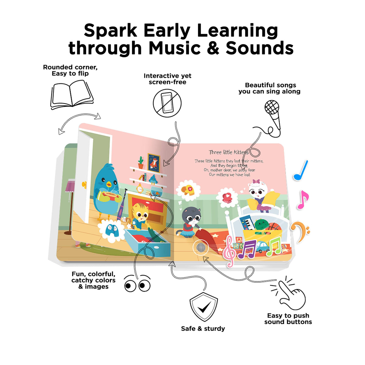 Children's book with music and sound features, shown with text highlighting its educational benefits.