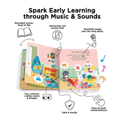 Children's book with music and sound features, shown with text highlighting its educational benefits.