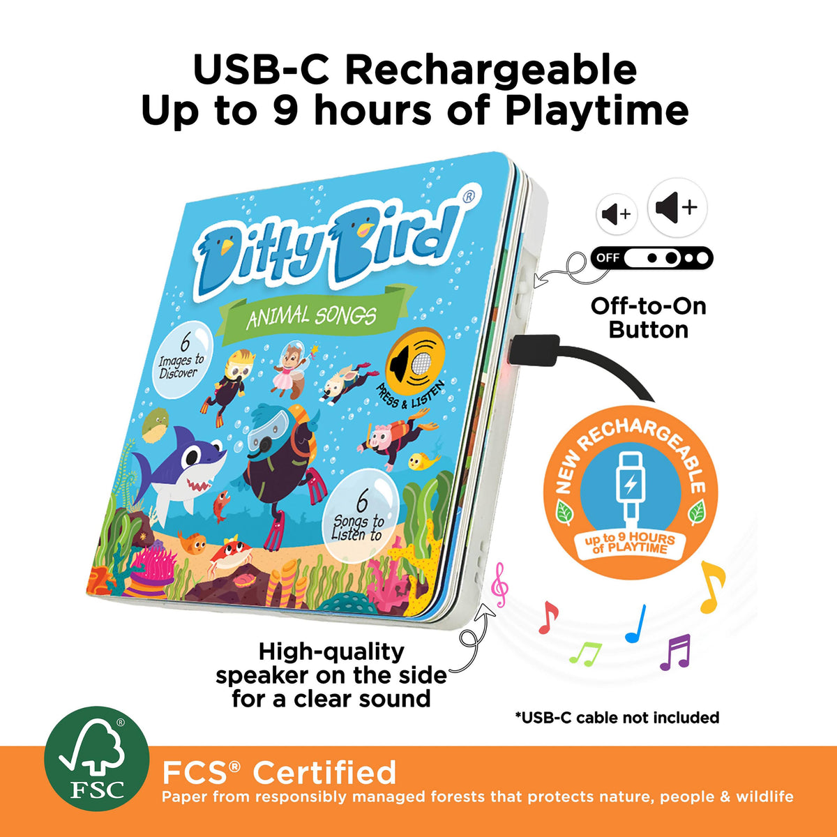 Ditty Bird children's book with USB-C charging feature on a white background