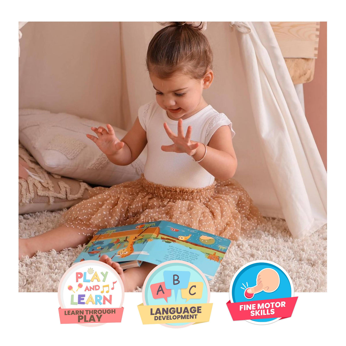 Child playing with a toy book on a carpeted floor, with educational icons displayed.