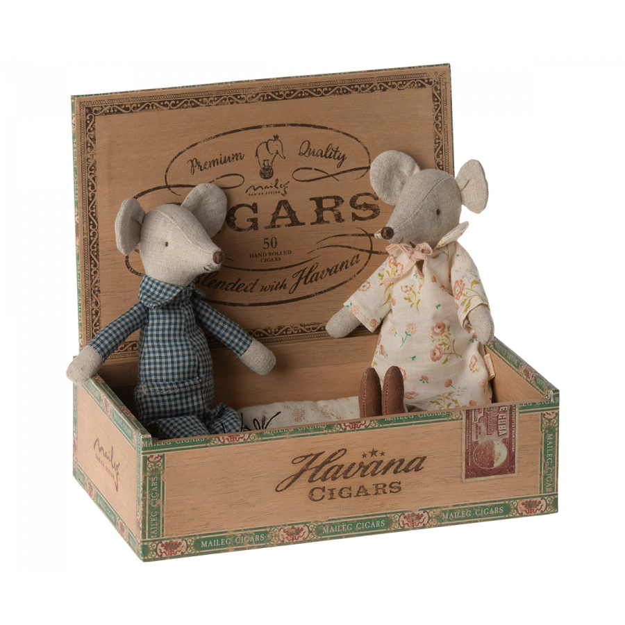 Maileg Grandma And Grandpa Mice in Cigar Box