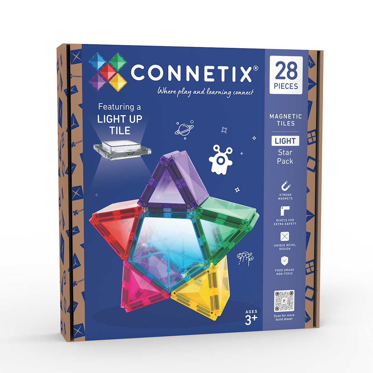 Connetix magnetic tiles packaging with colorful tiles on a white background