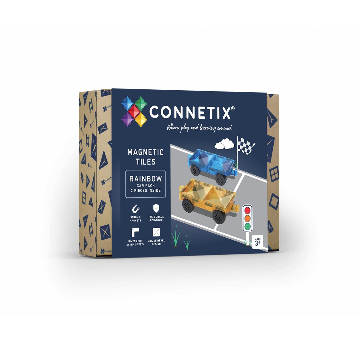 Connetix Magnetic Tiles Rainbow Car Race 2-piece set in its retail packaging, shown on a clean white background.