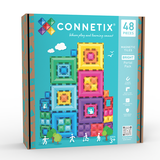 Connetix toy packaging with colorful geometric blocks on a white background