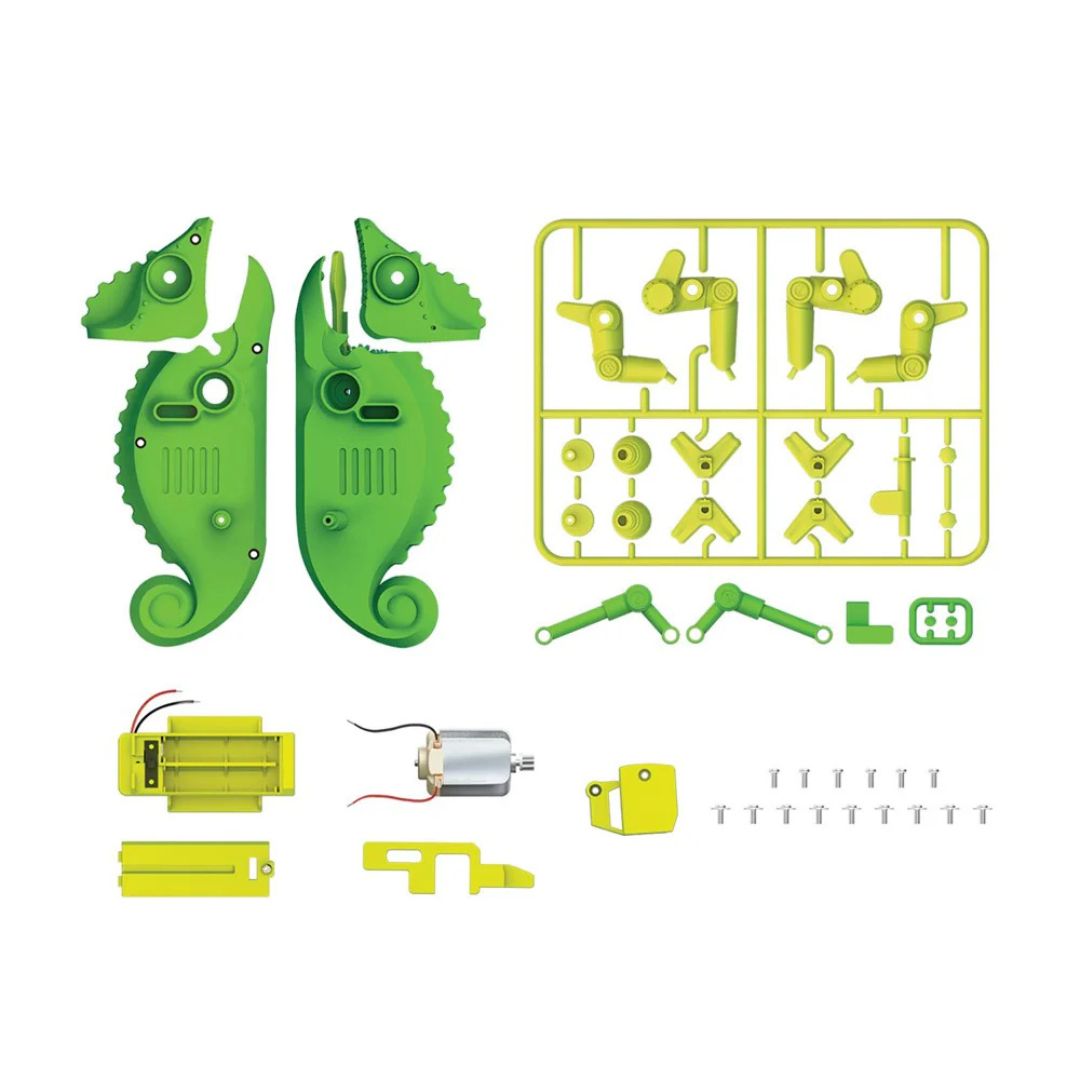 Green robot parts and components on a white background