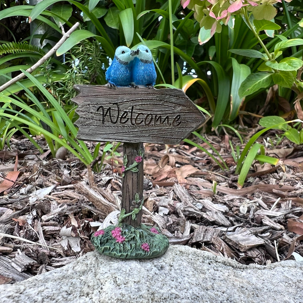 Fairy Garden Welcome Sign with Blue Wrens