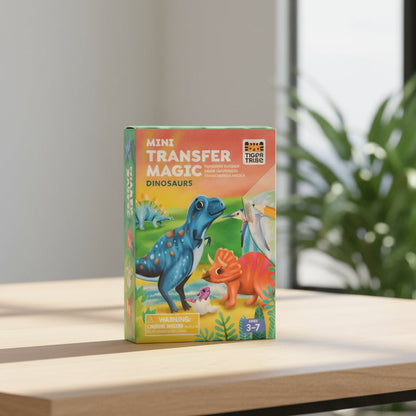 Box of Mini Transfer Magic Dinosaurs toy set with colorful design and Tiger Tribe branding.