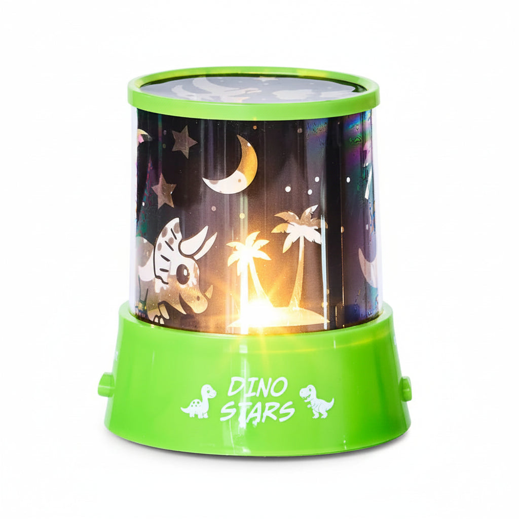 Green children's night light with star and dinosaur patterns on a white background
