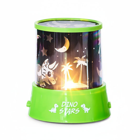 Green children's night light with star and dinosaur patterns on a white background
