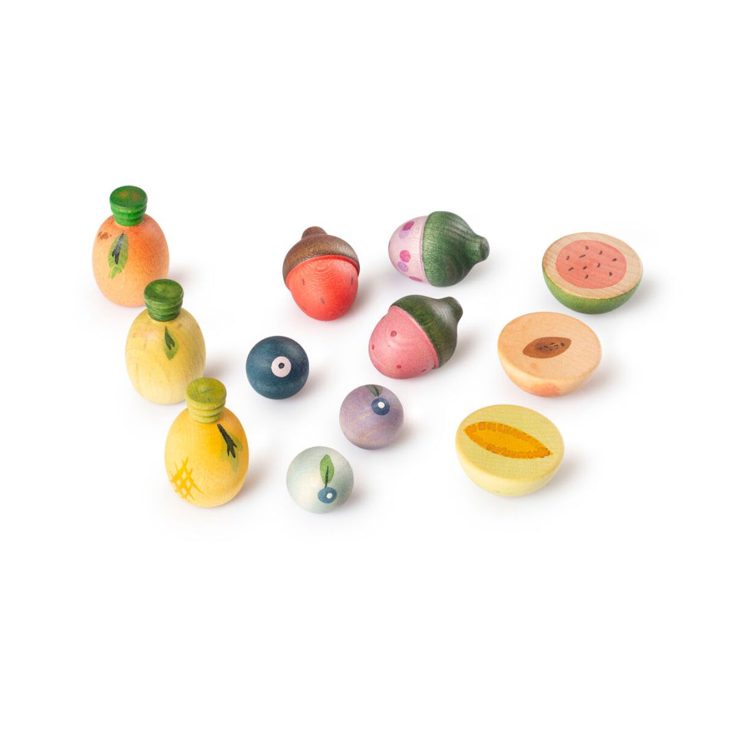 Set of colorful wooden fruit toys on a white background