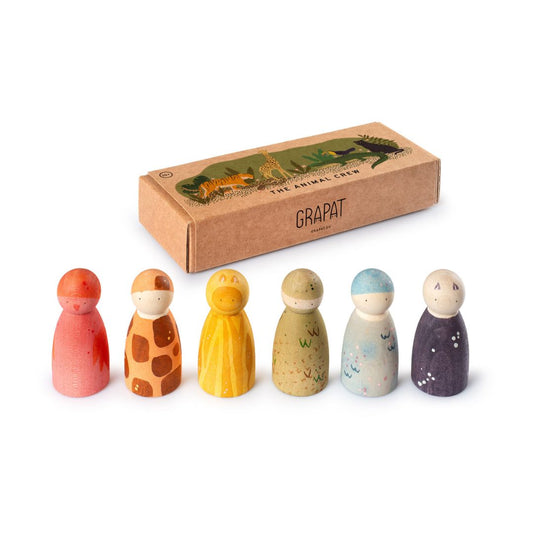 Set of colorful wooden peg dolls with a Grapat box on a white background