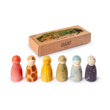 Load image into Gallery viewer, Set of colorful wooden peg dolls with a Grapat box on a white background
