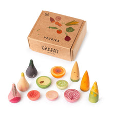 Load image into Gallery viewer, Set of wooden toy vegetables in front of a Grapat box on a white background
