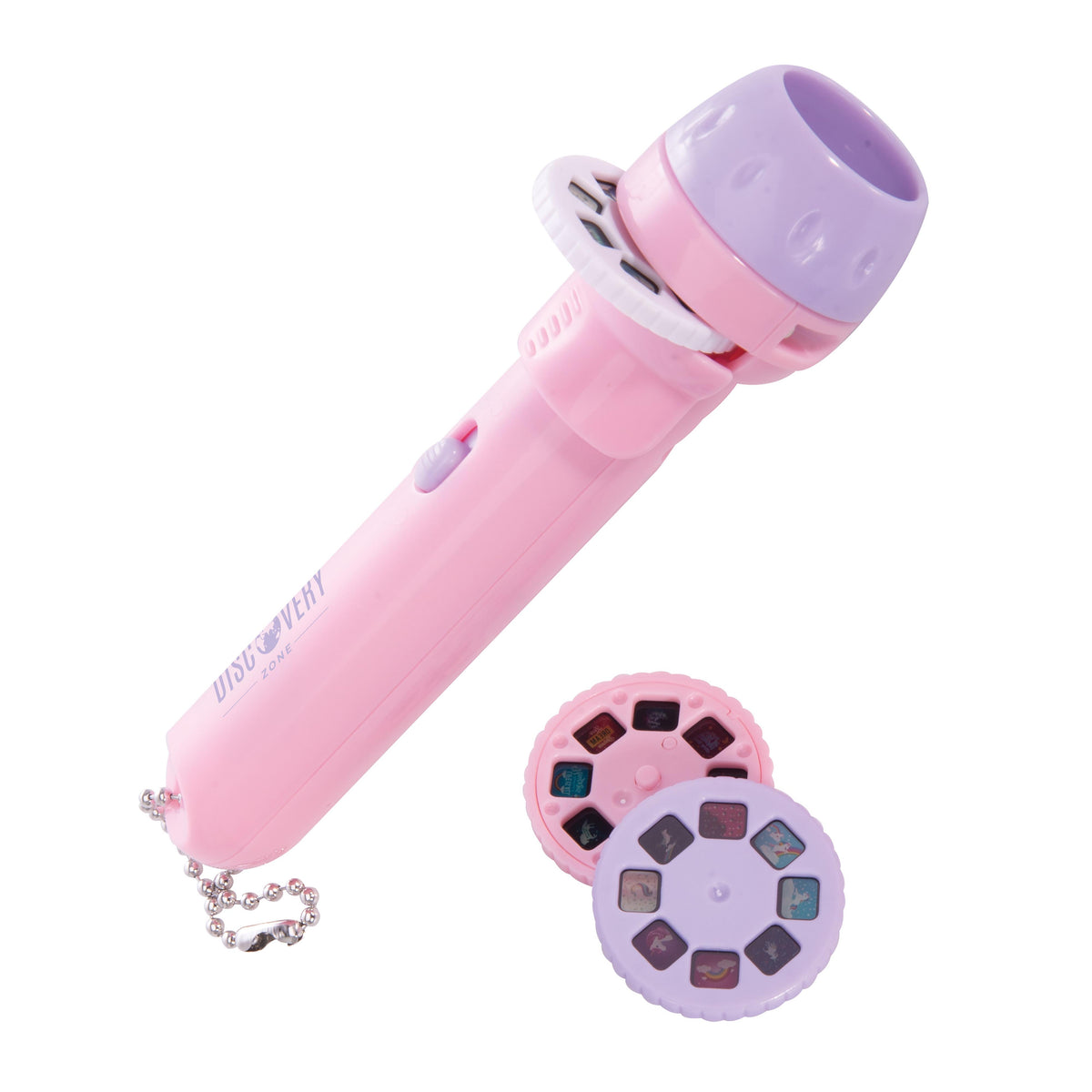 Pink toy microphone with a camera lens attachment on a white background