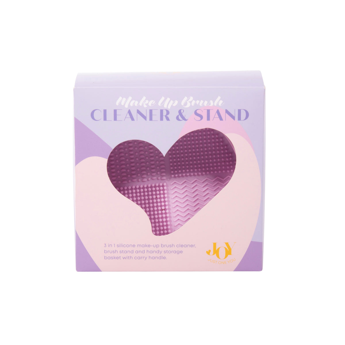 Makeup brush cleaner and stand packaging with heart-shaped design on a white background