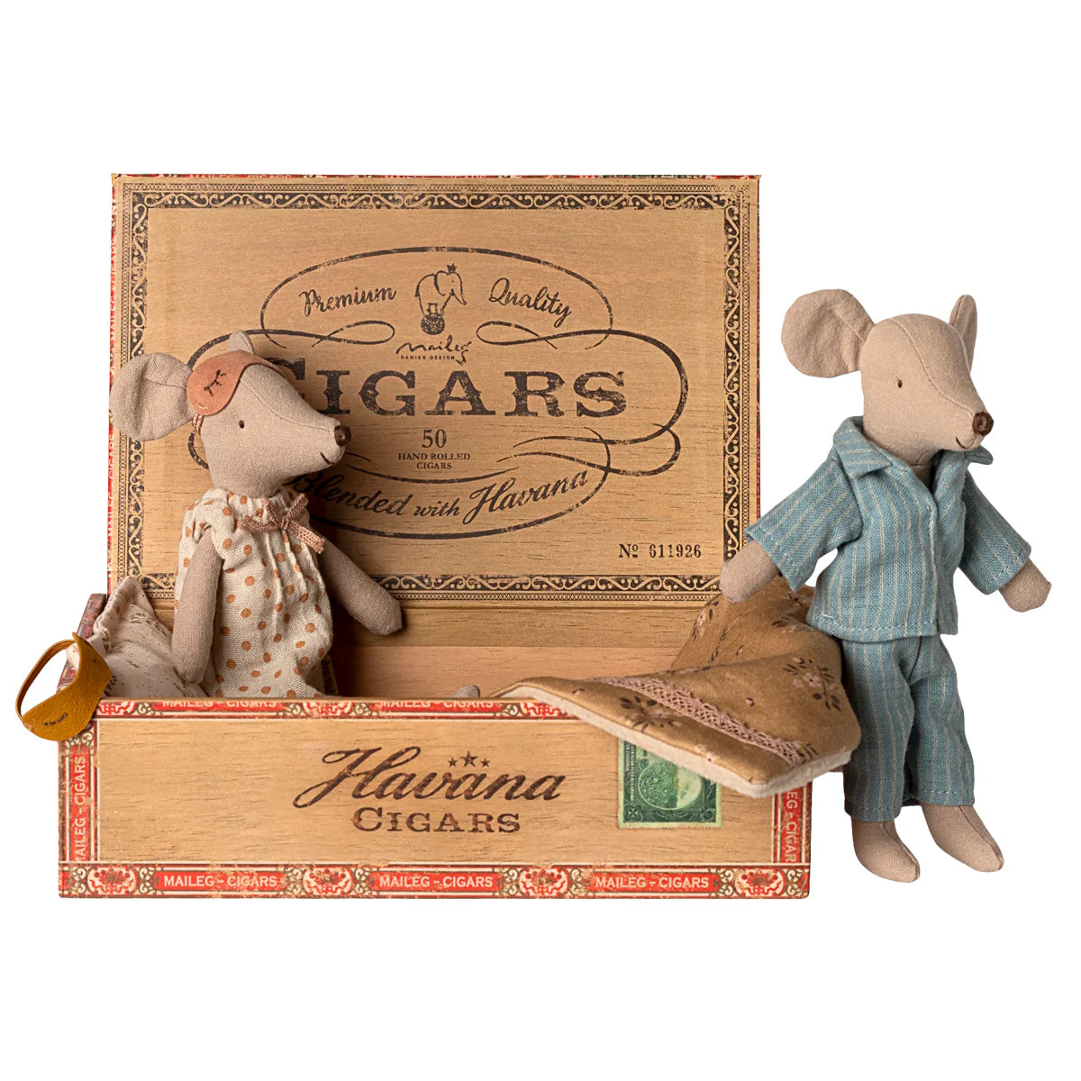 Two toy mice in a decorative Havana Cigars box on a white background