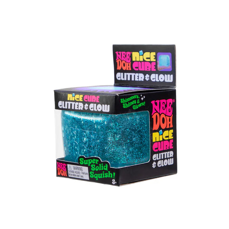 Blue glittery cube in a black box with colorful text on a white background