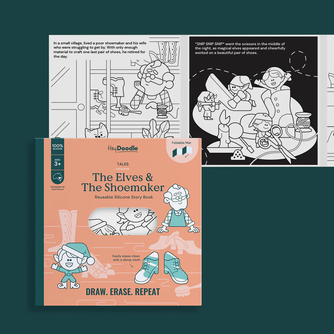 Reusable silicone story book titled 'The Elves & The Shoemaker' by HeyDoodle with coloring pages in the background.