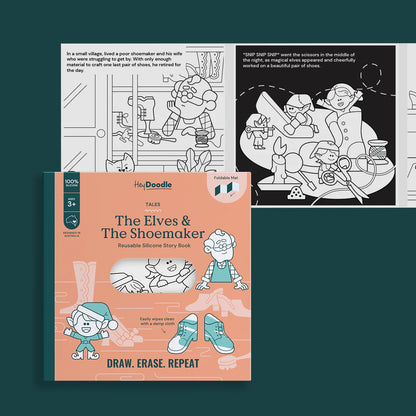 Reusable silicone story book titled 'The Elves & The Shoemaker' by HeyDoodle with coloring pages in the background.