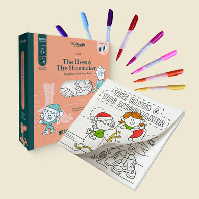 Coloring book titled 'The Elves & The Shoemaker' by heydoodle with markers on a beige background 