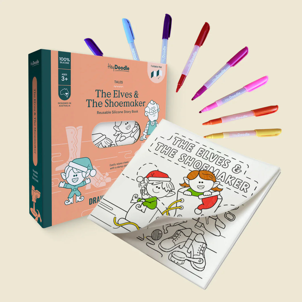 Coloring book titled 'The Elves & The Shoemaker' by heydoodle with markers on a beige background 