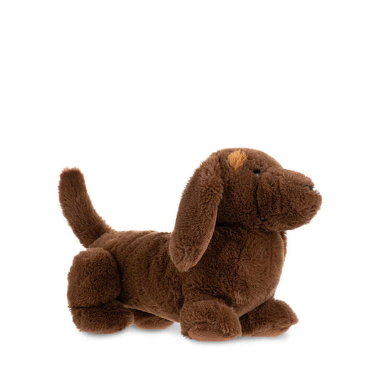 Brown plush dachshund toy on a white background