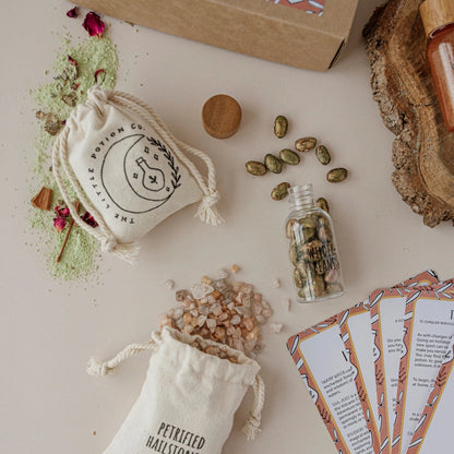 Spice and petrified wood stone set with packaging on a light surface