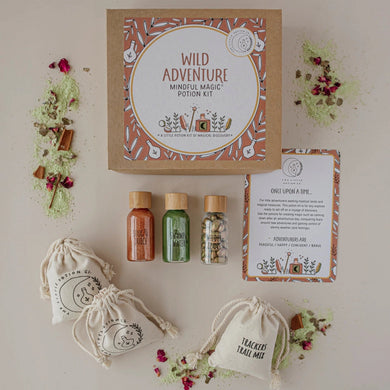 Wild Adventure potion kit with bottles, bags, and instructions on a light background