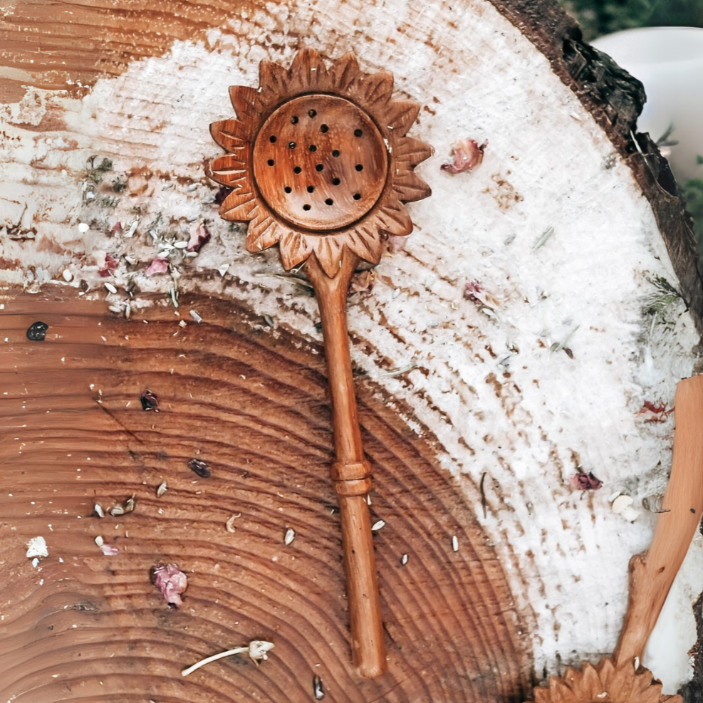 Wooden Sunflower Slotted Spoon