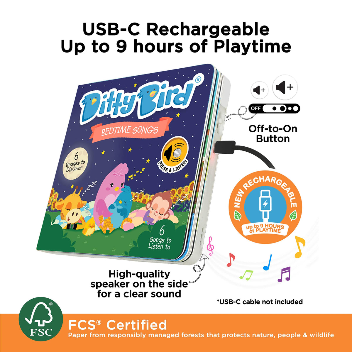 Ditty Bird Bedtime Songs Board Book (Rechargeable)