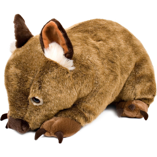 A life-size plush toy of a wombatic animal, with brown fur and smaller legs, designed to look like a Wombat.