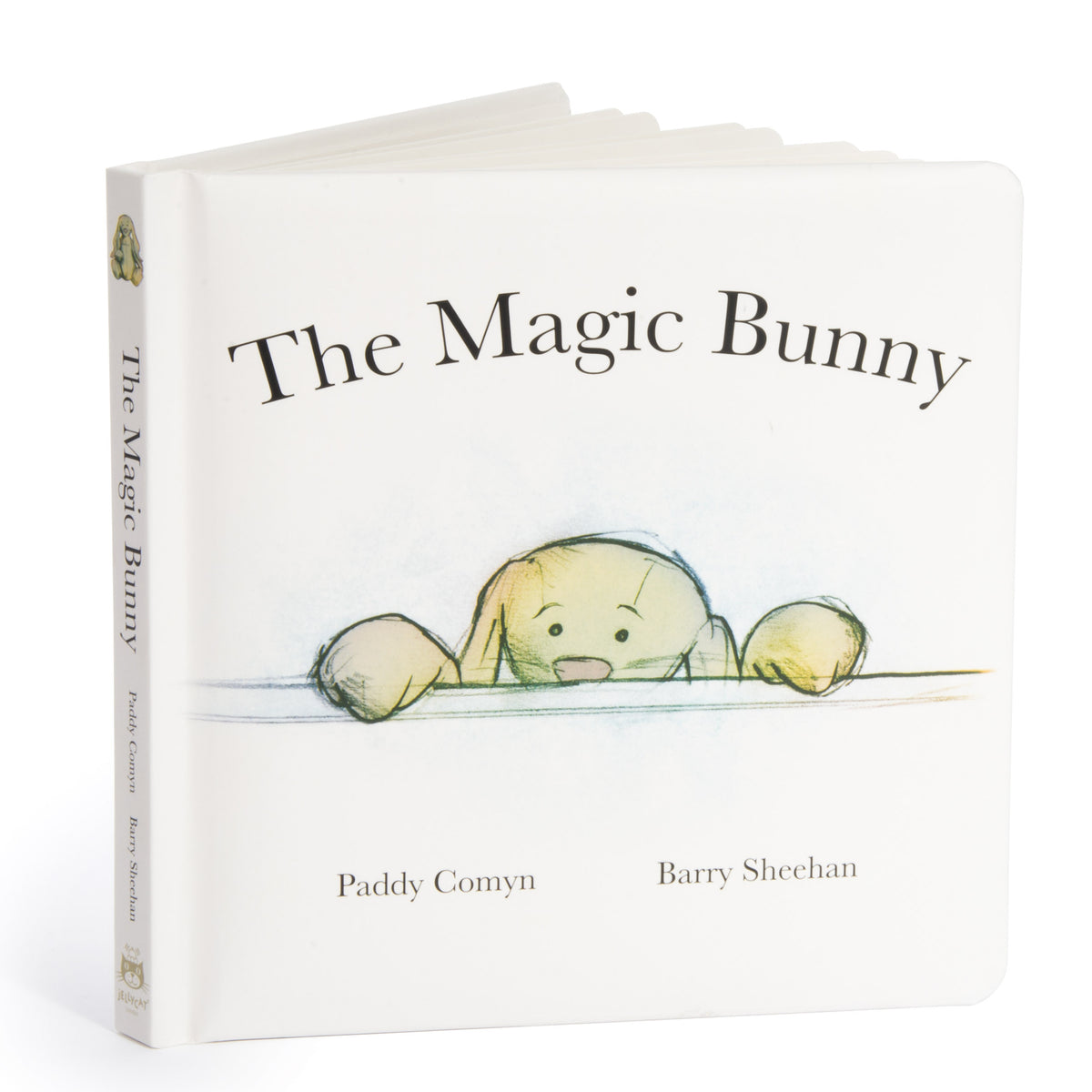 The cover of the book 'The Magic Bunny' by Jellycat, featuring an illustration of a smiling rabbit with a human hand reaching out to it.