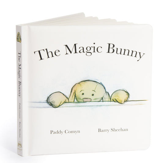 The cover of the book 'The Magic Bunny' by Jellycat, featuring an illustration of a smiling rabbit with a human hand reaching out to it.