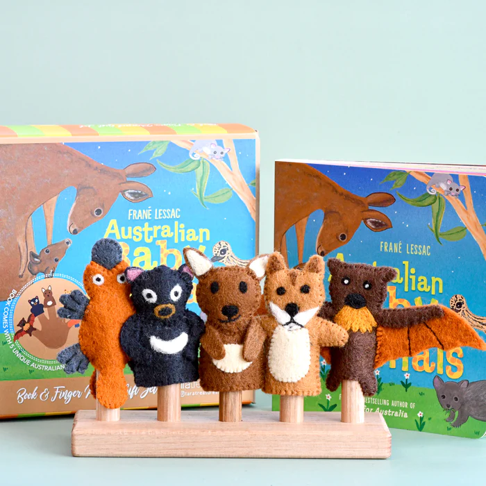 Tara Treasures Australian Baby Animals by Frané Lessac Book and Finger Puppet Set