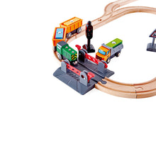 Load image into Gallery viewer, Hape 32pc Railway Crossing &amp; Crane Set
